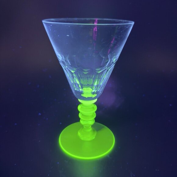 Seneca Theodule Clear Top Green Uranium Stem Optic Cut Top Goblet Cup Single VTG - Picture 13 of 14